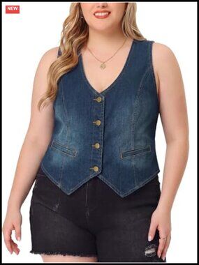 Women's Plus Size Denim Vest Button Down V Neck Sleeveless Jean Vest Western